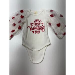 My First Valentines Day Baby Body Suit One Piece Sheer Heart Sleeves Sz S